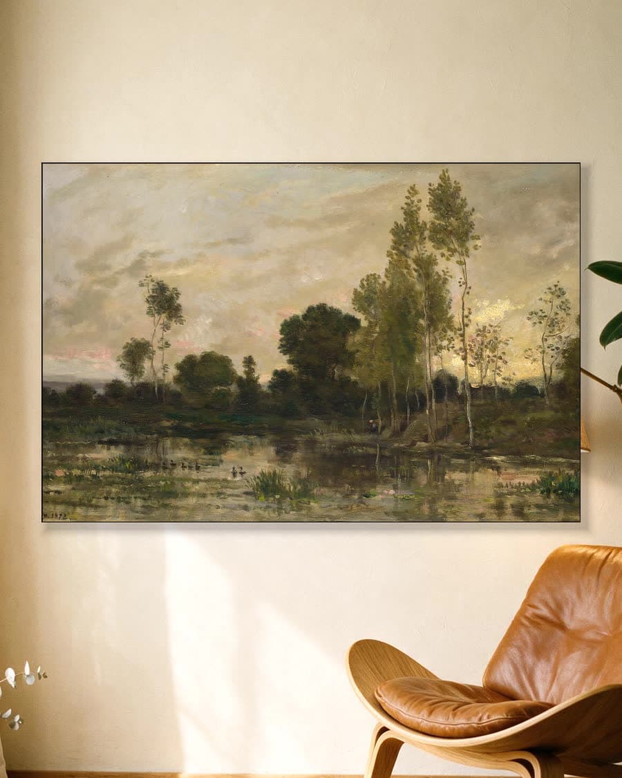 Avond aan het moeras in een aluminium frame aan dezelfde muur