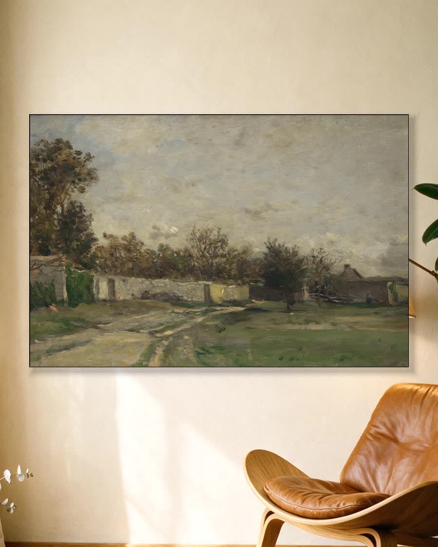 Landweg onder bewolkte hemel in een aluminium frame aan dezelfde muur