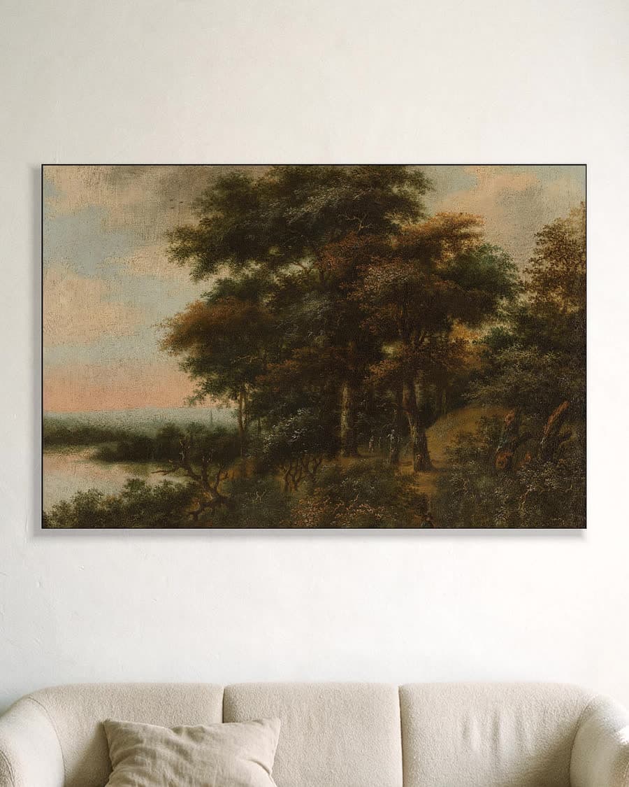 Boomrijk landschap in een aluminium frame aan dezelfde muur