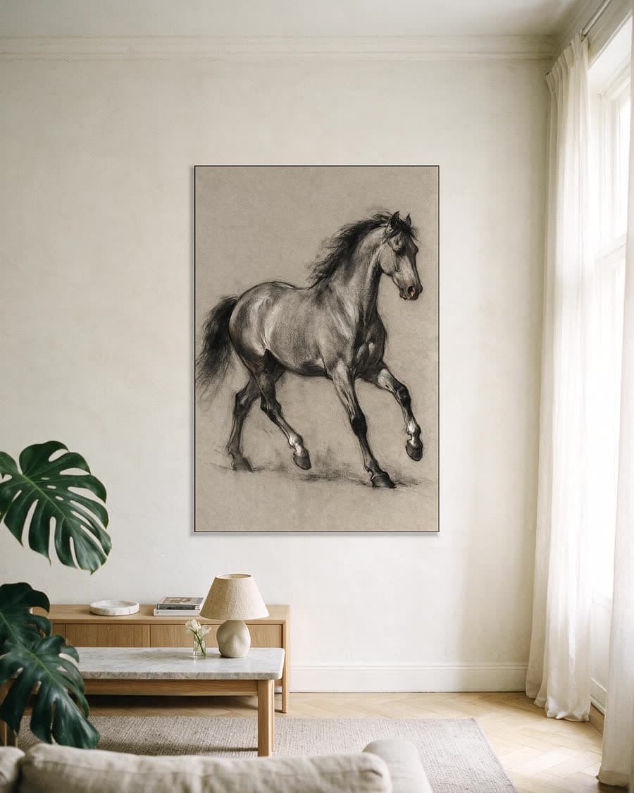 Paard in beweging in een aluminium frame aan dezelfde muur