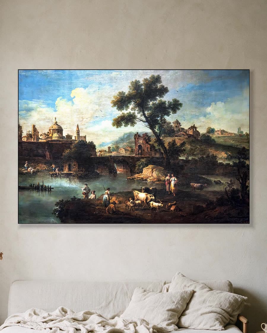 Pastorale rivierlandschap met vee en vissers in een aluminium frame aan dezelfde muur
