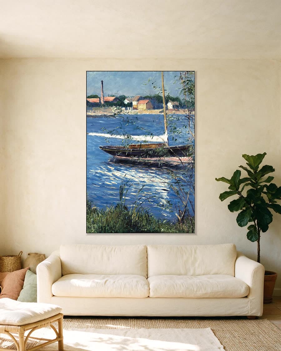Boot voor anker op de Seine bij Argenteuil in een aluminium frame aan dezelfde muur