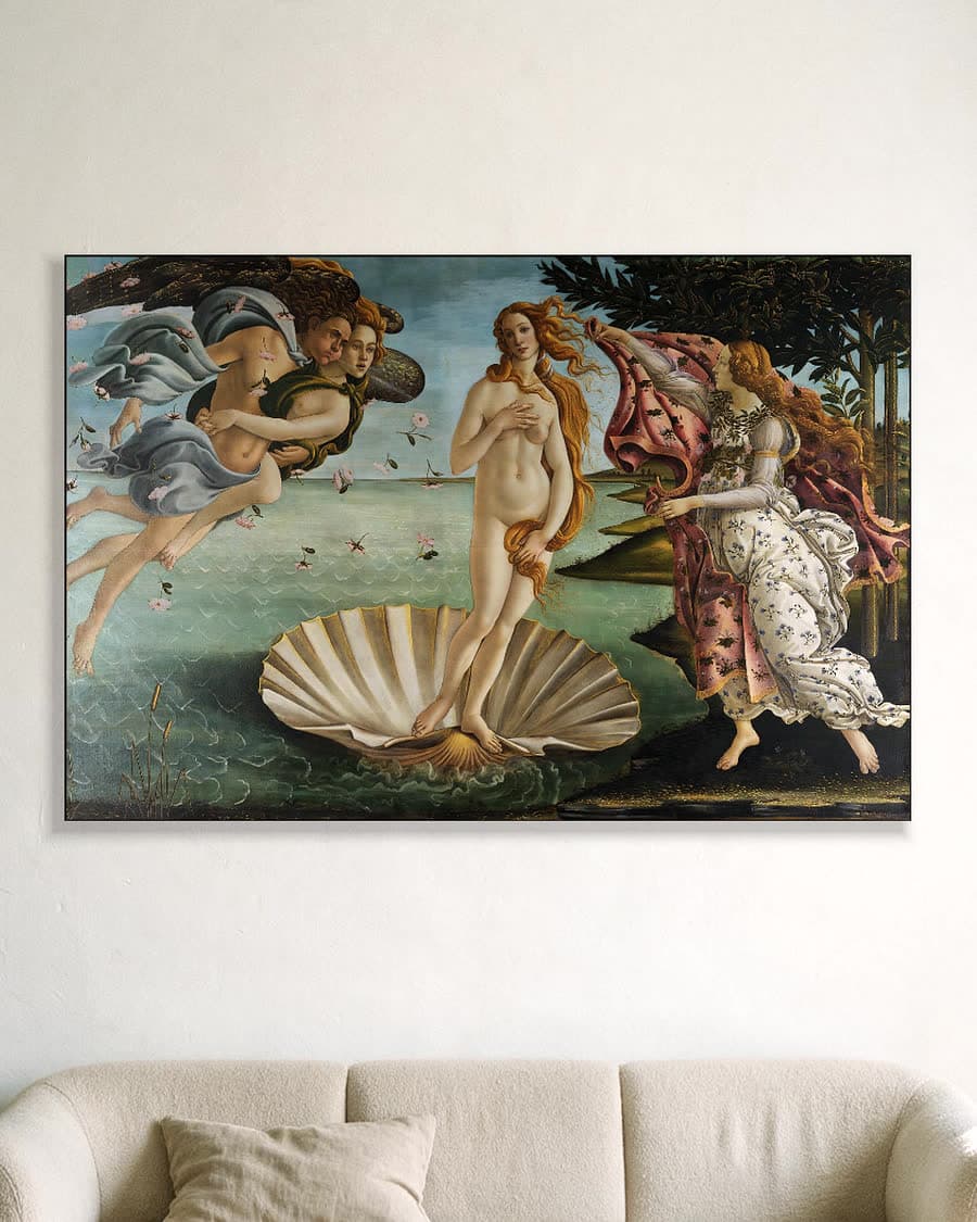 De geboorte van Venus in een aluminium frame aan dezelfde muur