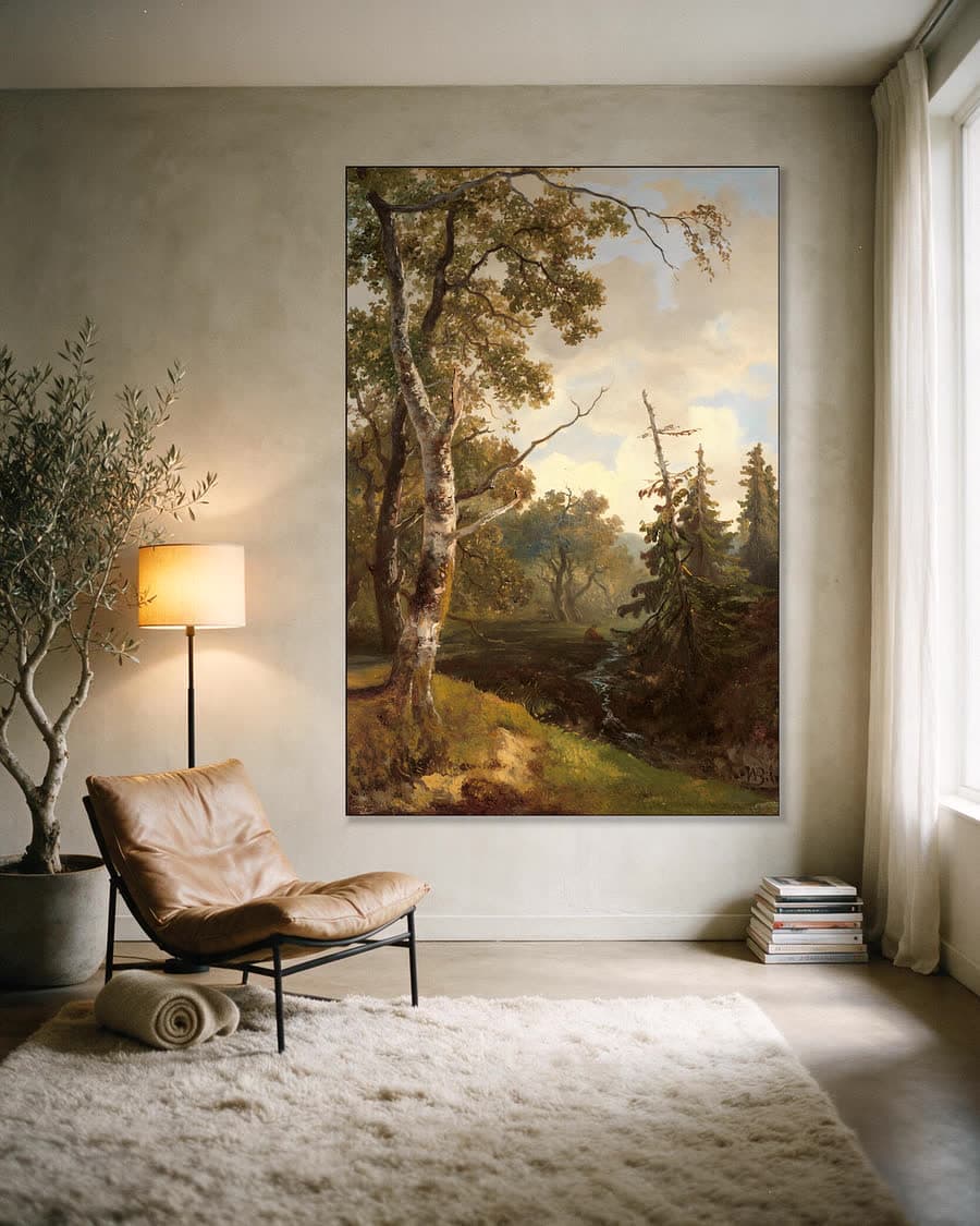 Bosgezicht bij Wolfheze in een aluminium frame aan dezelfde muur