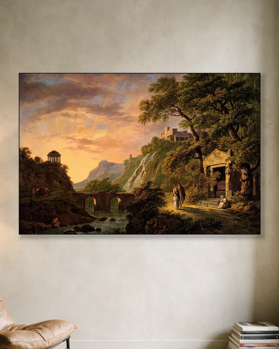 Arcadisch landschap met ondergaande zon in een aluminium frame aan dezelfde muur