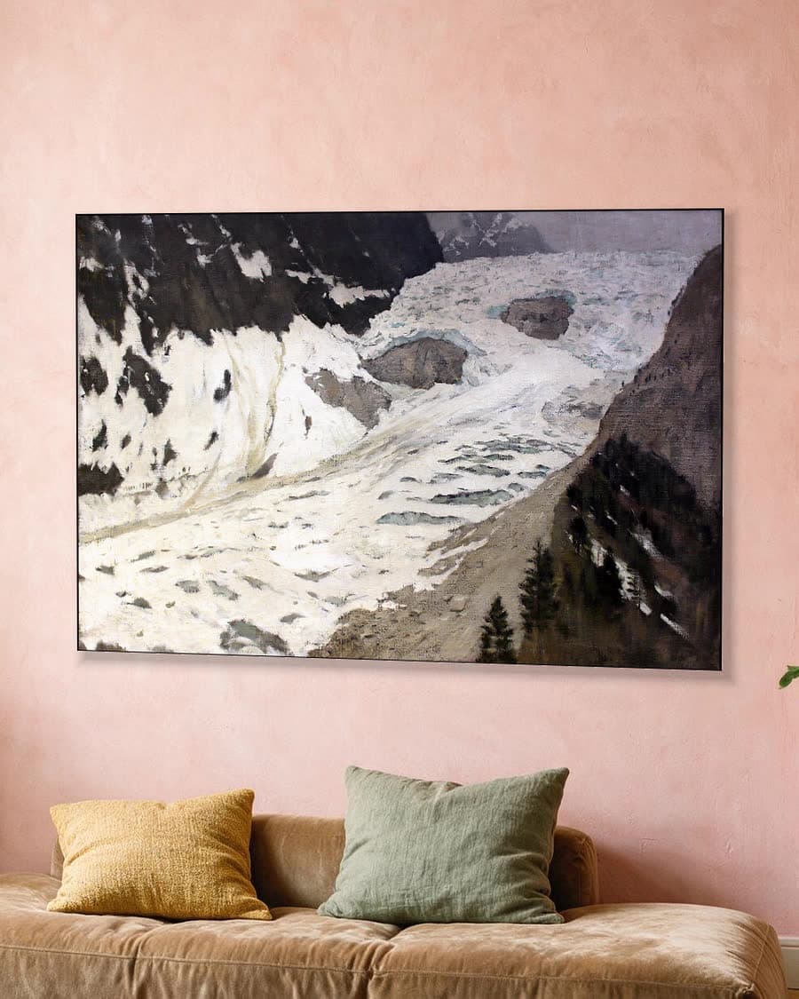 Alpenlandschap met Gletsjer in een aluminium frame aan dezelfde muur