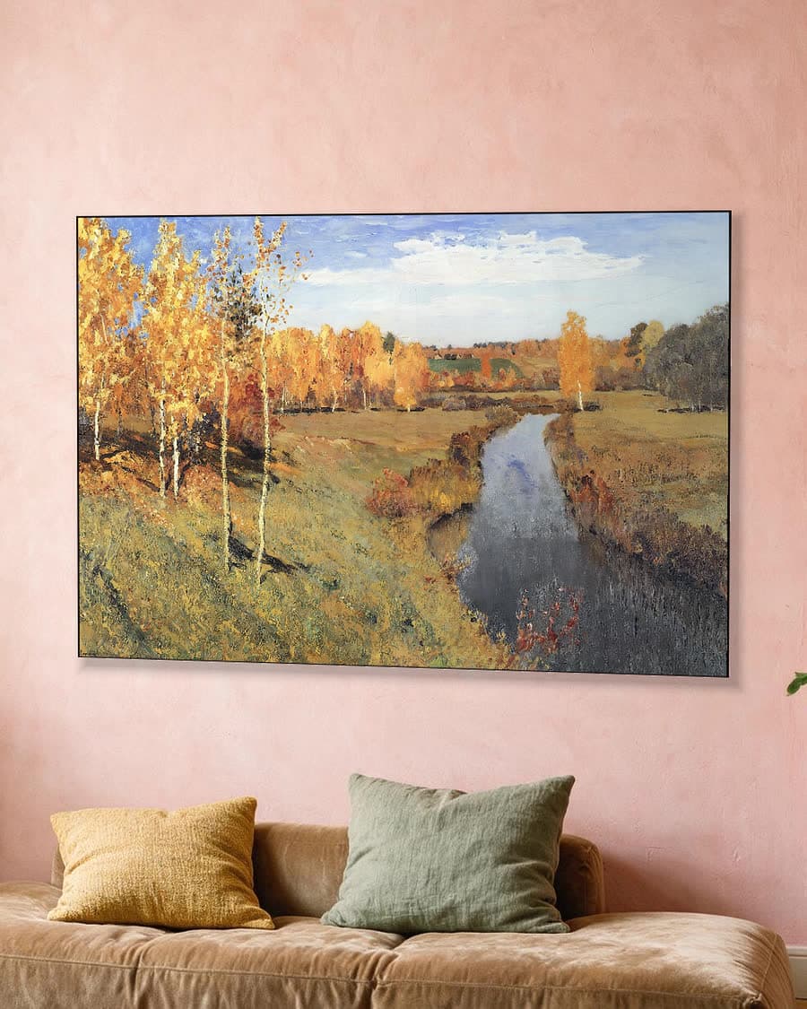 Gouden herfst aan de rivier in een aluminium frame aan dezelfde muur