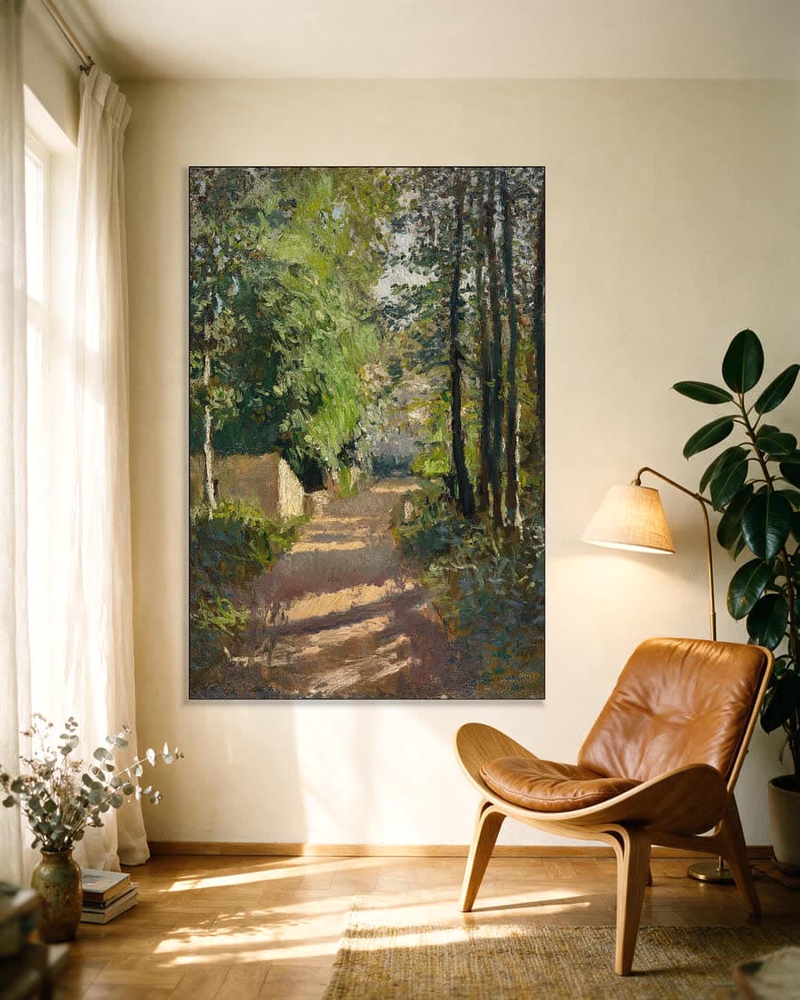 Bospad in Normandië in een aluminium frame aan dezelfde muur