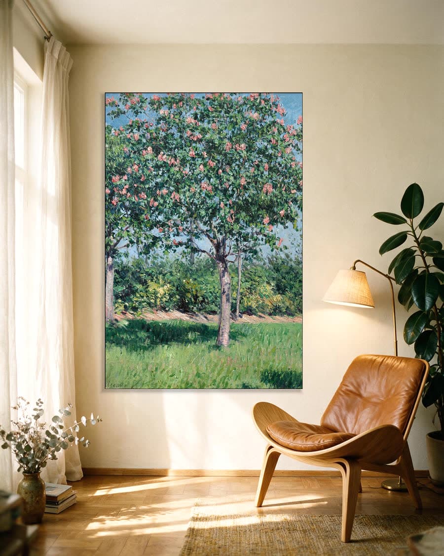 Bloeiende kastanjebomen, vlakte van Argenteuil in een aluminium frame aan dezelfde muur