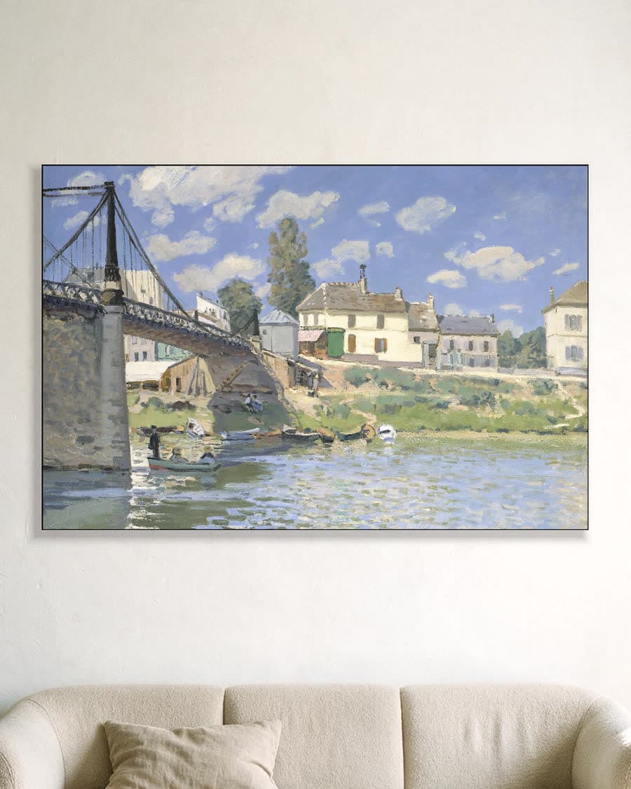 De brug bij Villeneuve-la-Garenne in een aluminium frame aan dezelfde muur