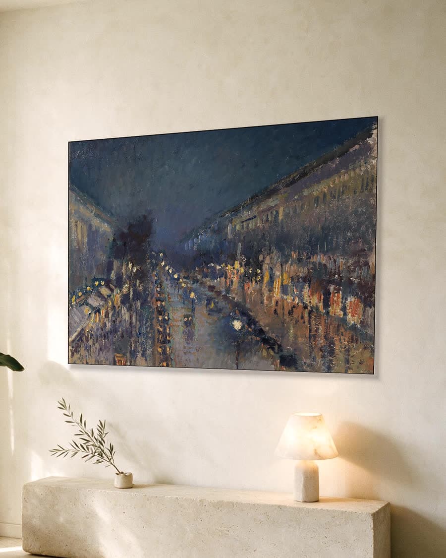 Boulevard Montmartre bij nacht in een aluminium frame aan dezelfde muur