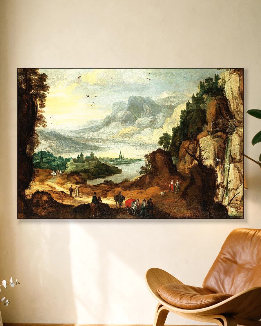 Berglandschap met rivier en stad in een aluminium frame aan dezelfde muur