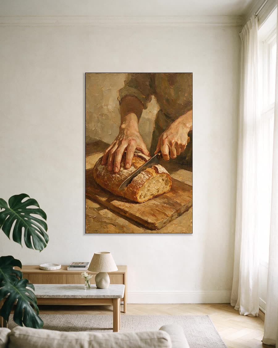 Brood snijden in een aluminium frame aan dezelfde muur