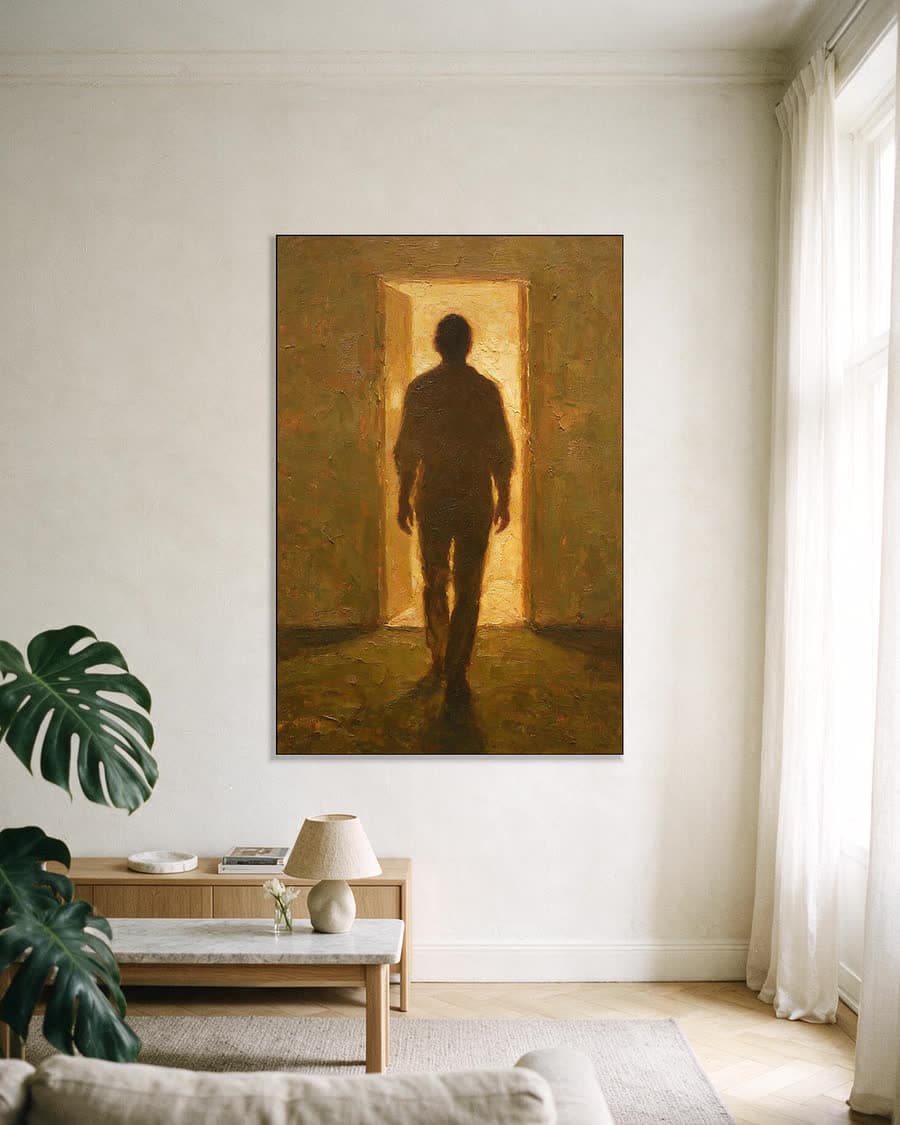 Iemand die weggaat in een aluminium frame aan dezelfde muur