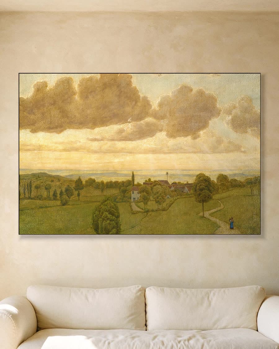 Gouden Avond boven het Dorp in een aluminium frame aan dezelfde muur