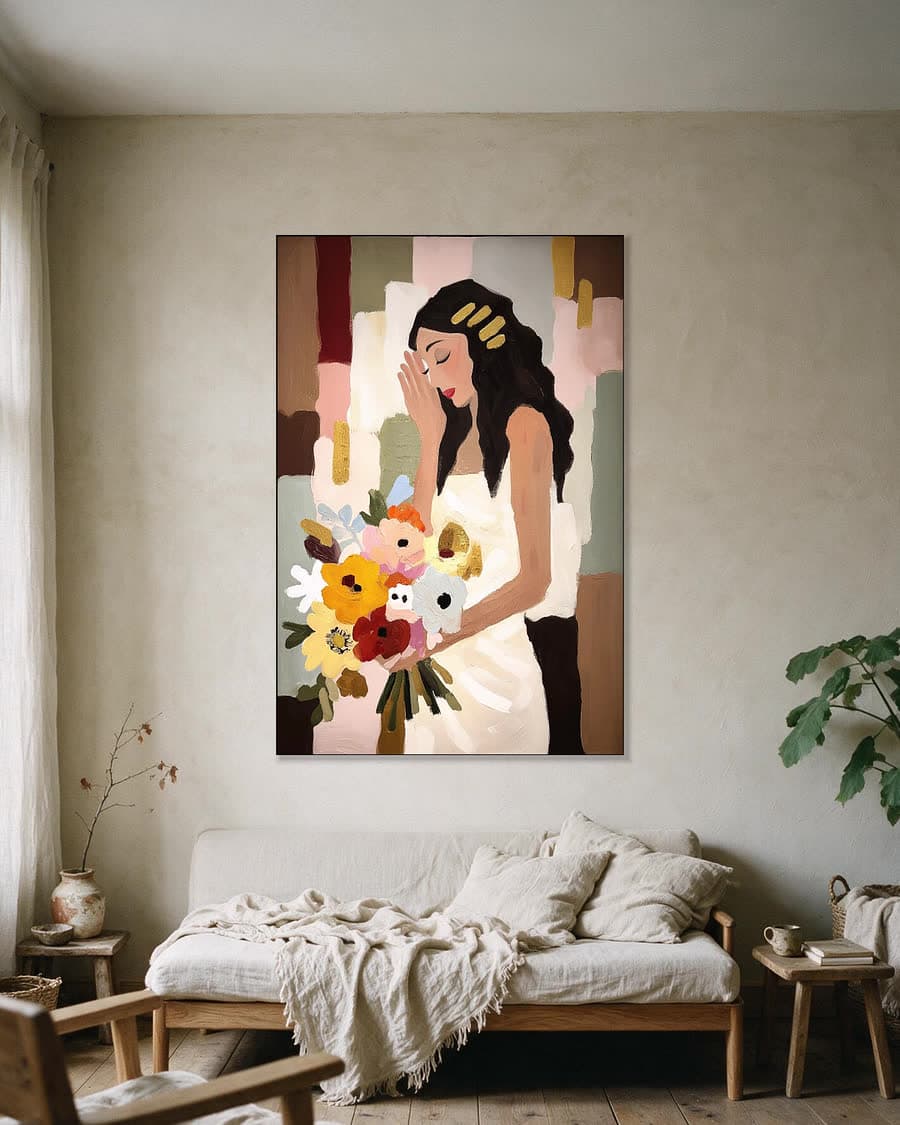 Bruid met veldboeket in een aluminium frame aan dezelfde muur