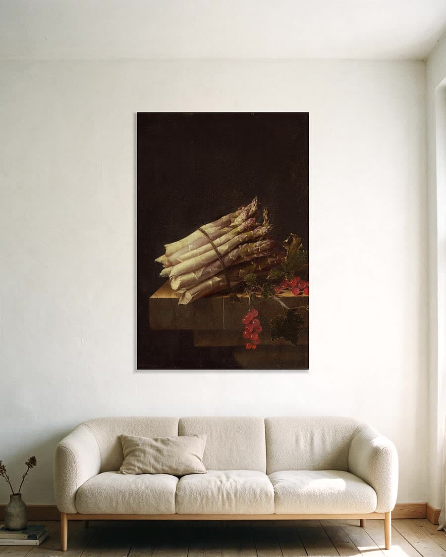 Bundel asperges in een aluminium frame aan dezelfde muur