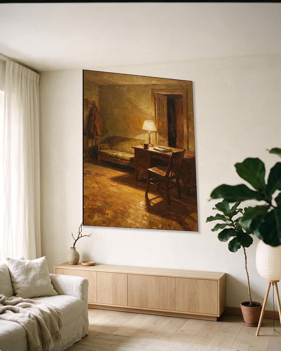 Bureau met een lamp aan in een aluminium frame aan dezelfde muur