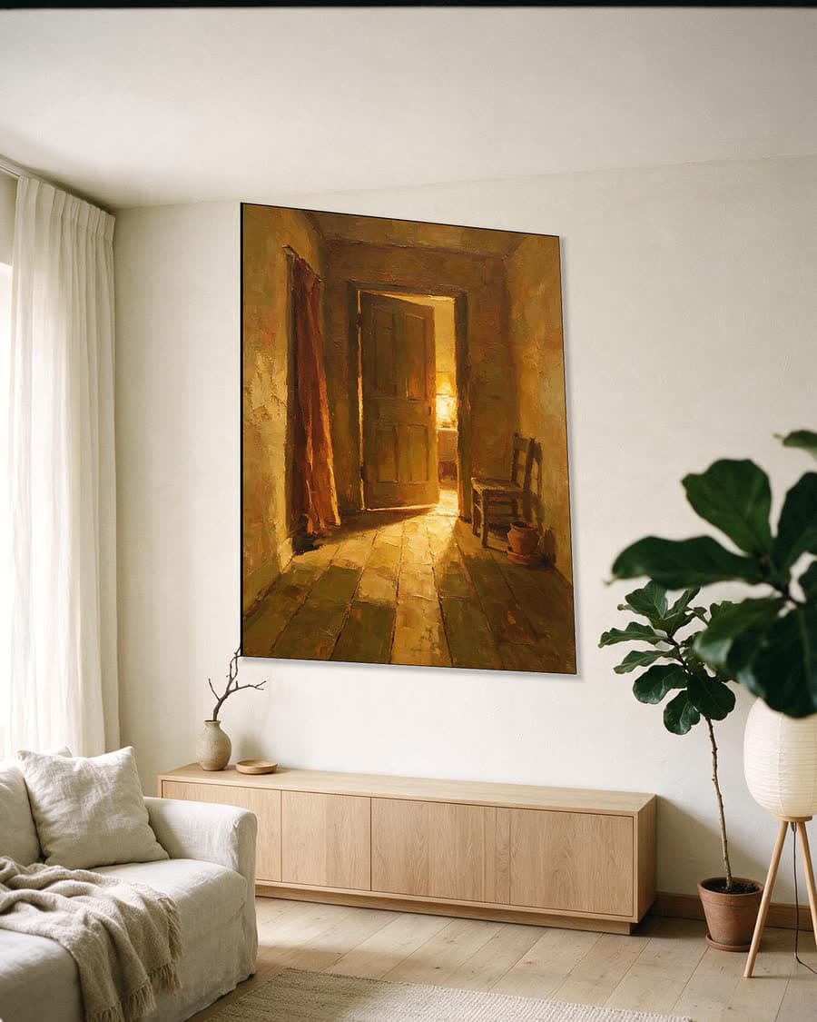 Gang met een deur op een kier in een aluminium frame aan dezelfde muur