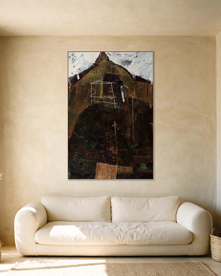 Landschap met raaf in een aluminium frame aan dezelfde muur