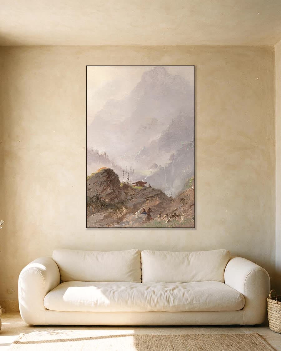Berglandschap in Tirol met gemzen in een aluminium frame aan dezelfde muur
