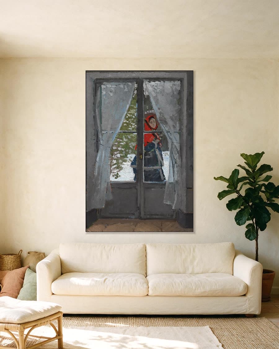 De rode hoofddoek in een aluminium frame aan dezelfde muur
