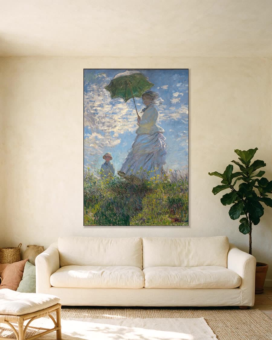 Vrouw met parasol, Madame Monet en haar zoon in een aluminium frame aan dezelfde muur