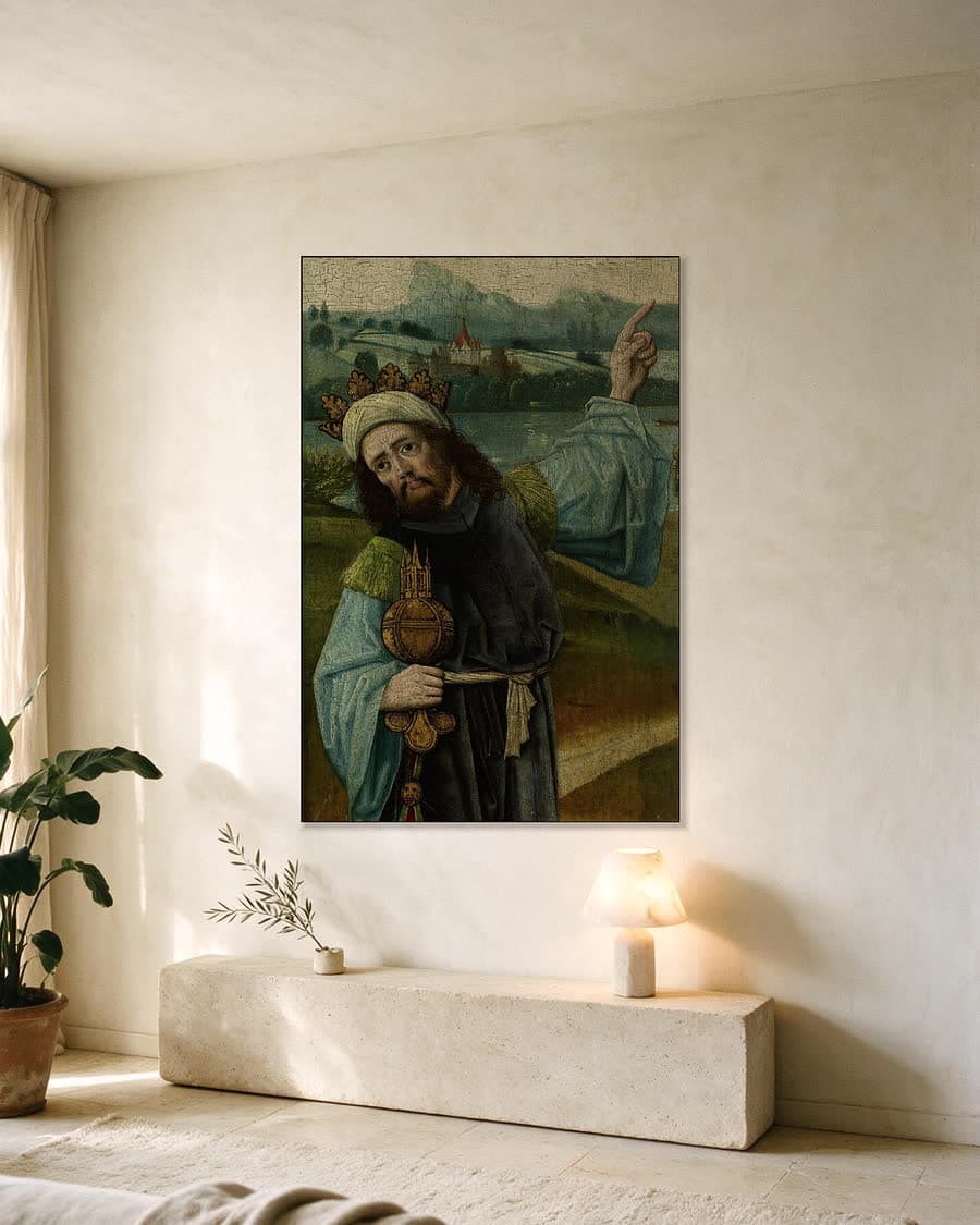 Caspar of Melchior, een van de Drie Koningen in een aluminium frame aan dezelfde muur