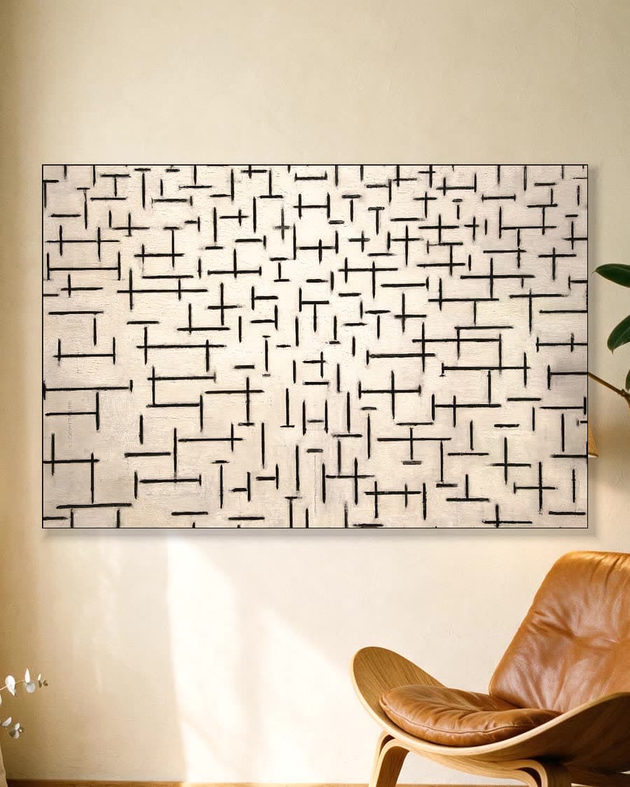 Compositie 10 in zwart-wit in een aluminium frame aan dezelfde muur