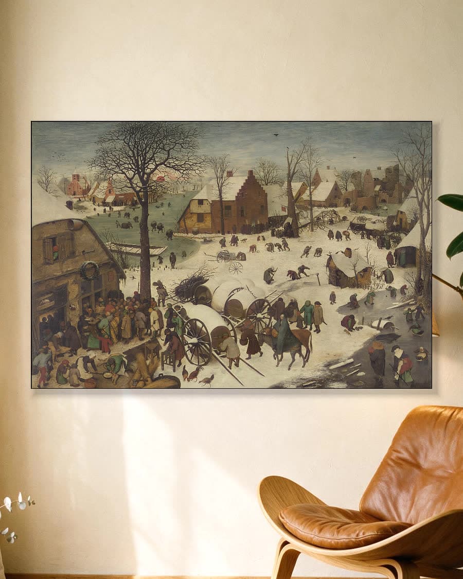 De volkstelling in Bethlehem in een aluminium frame aan dezelfde muur