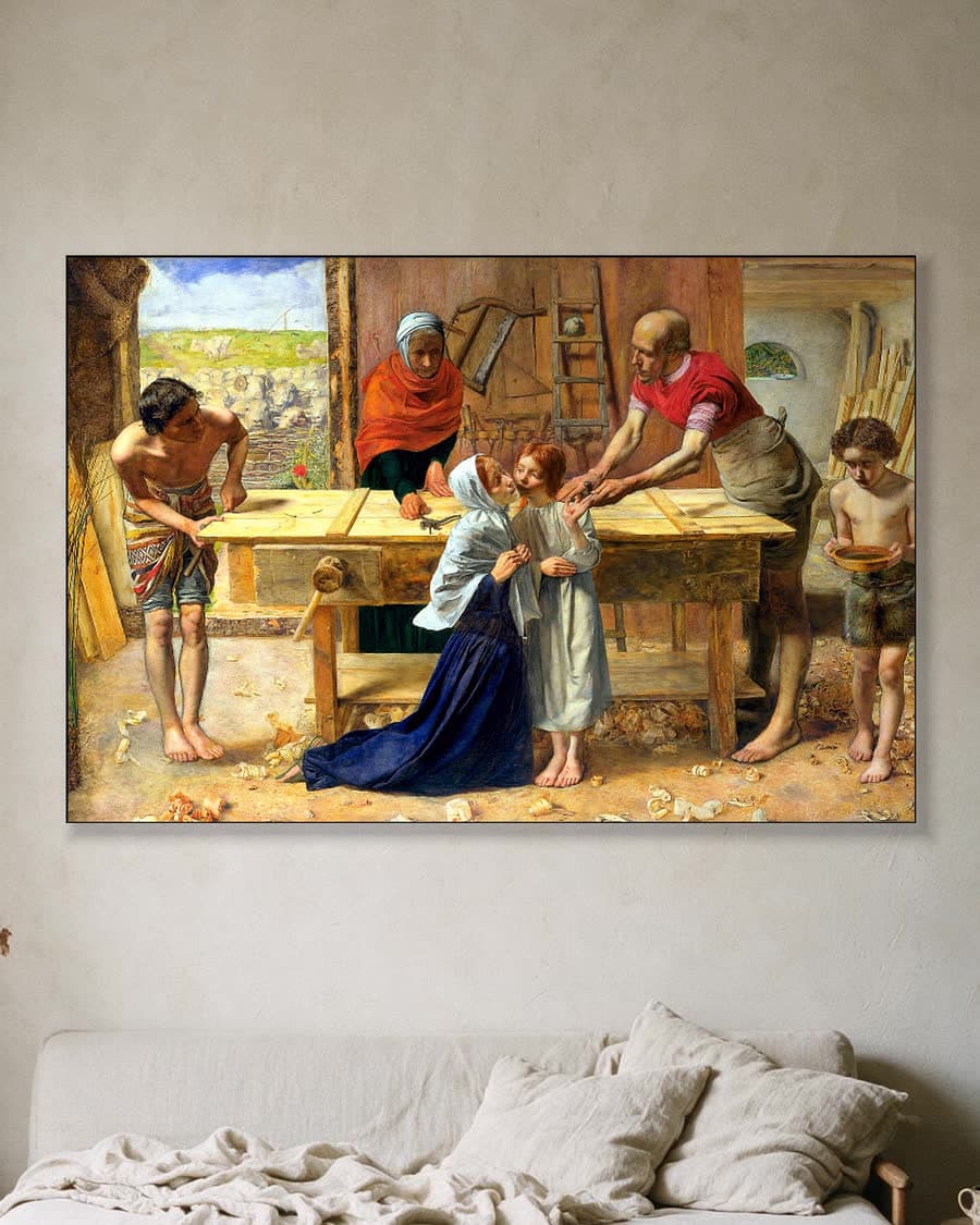 Christ in the House of His Parents in een aluminium frame aan dezelfde muur