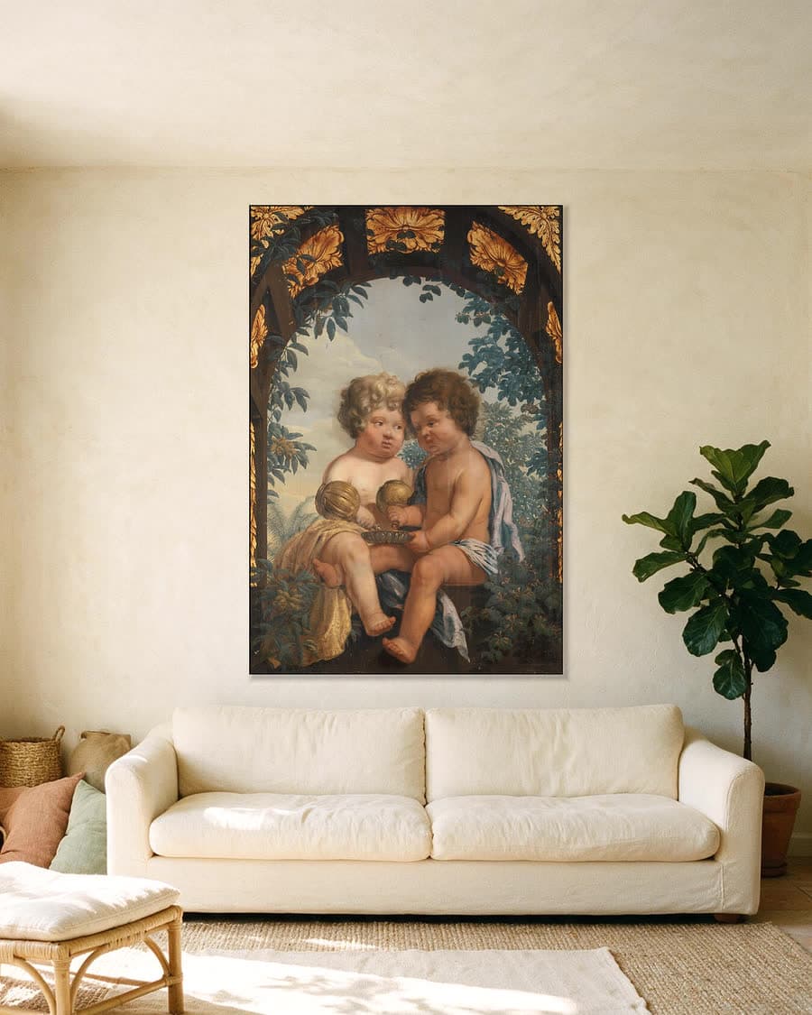 Christelijke allegorie met twee kinderen die elk een karaf vasthouden in een aluminium frame aan dezelfde muur