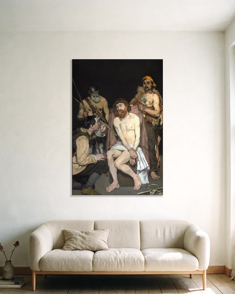 Christus bespot door de soldaten in een aluminium frame aan dezelfde muur