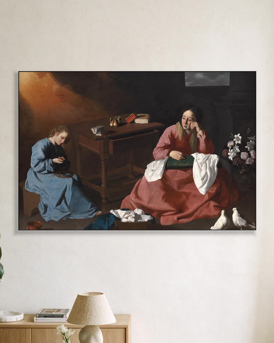 Christus en Maria in het huis te Nazareth in een aluminium frame aan dezelfde muur