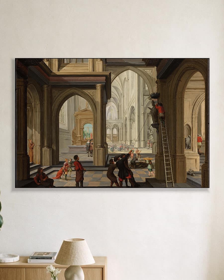 Beeldenstorm in een kerk in een aluminium frame aan dezelfde muur
