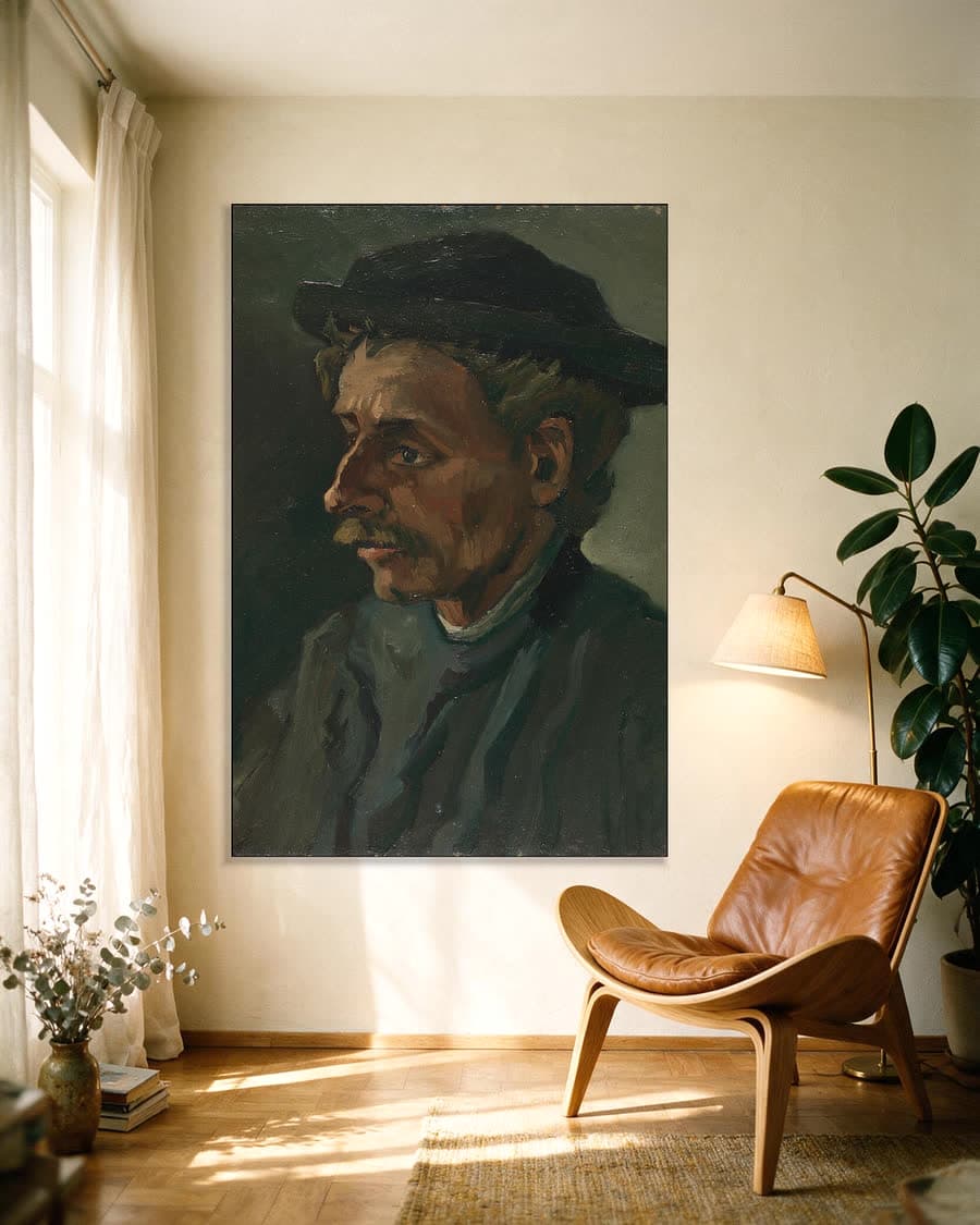 Kop van een man in een aluminium frame aan dezelfde muur