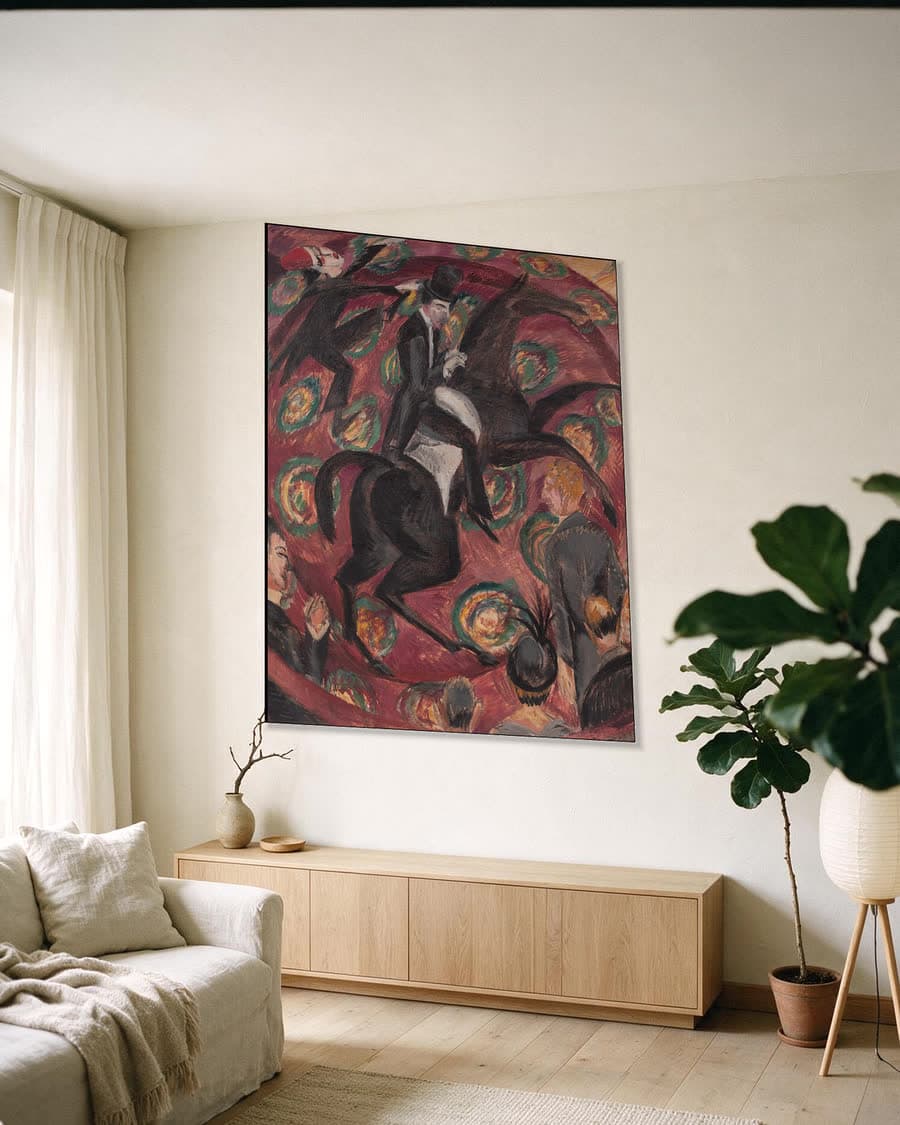 Circusruiter in een aluminium frame aan dezelfde muur