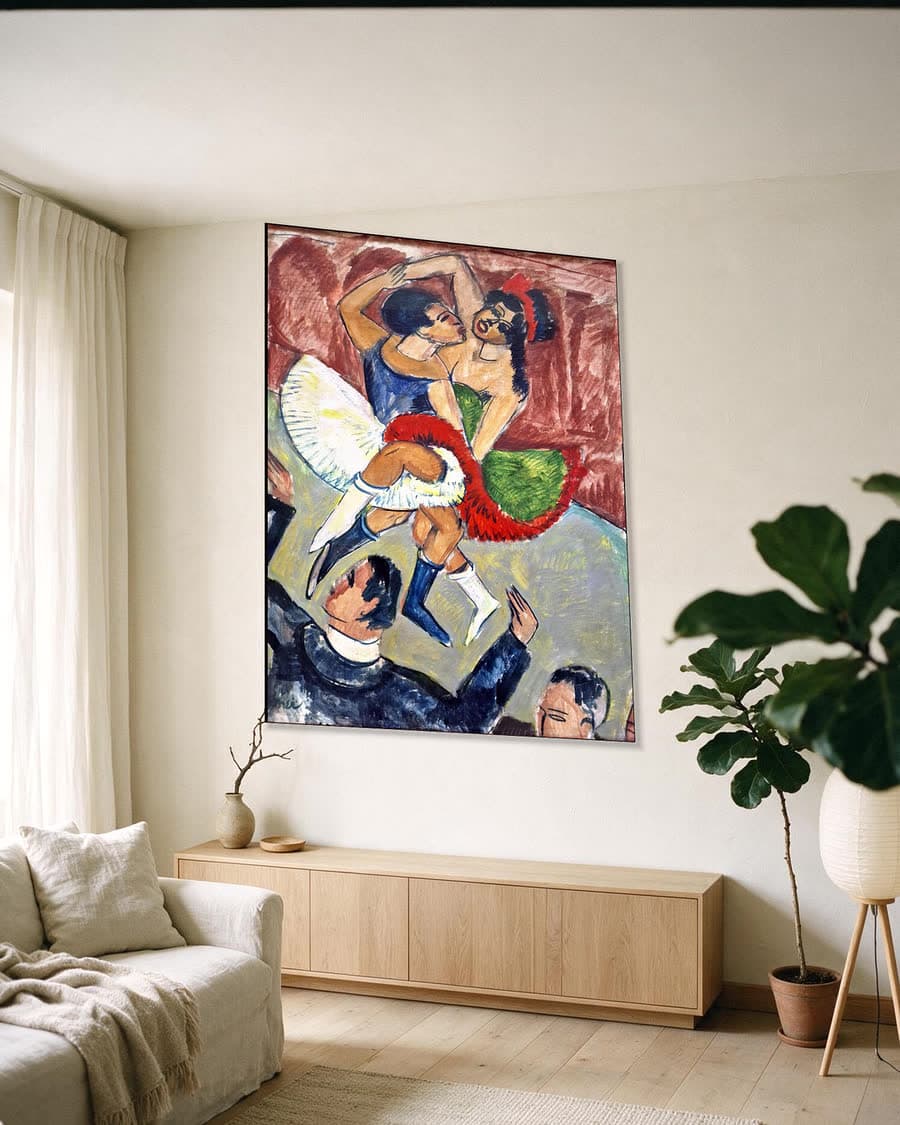 Dans, circusscène in een aluminium frame aan dezelfde muur