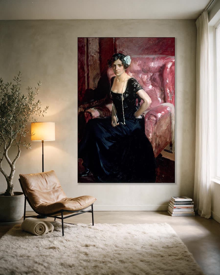 Clotilde in avondjurk in een aluminium frame aan dezelfde muur
