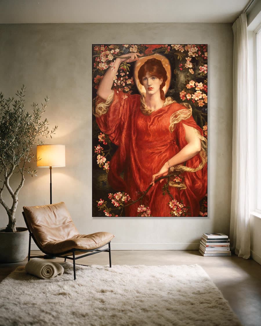 Een visioen van Fiammetta in een aluminium frame aan dezelfde muur