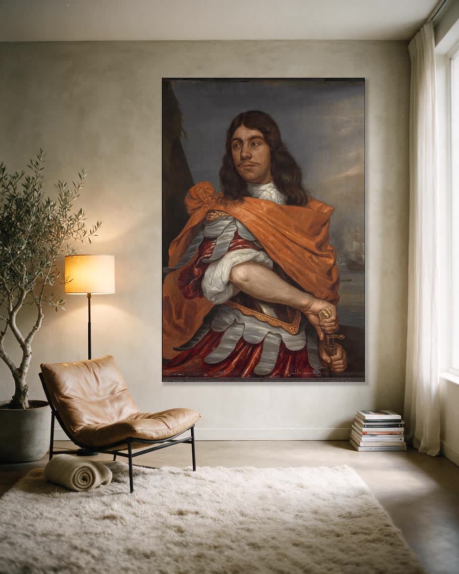 Cornelis Tromp in Romeins kostuum in een aluminium frame aan dezelfde muur