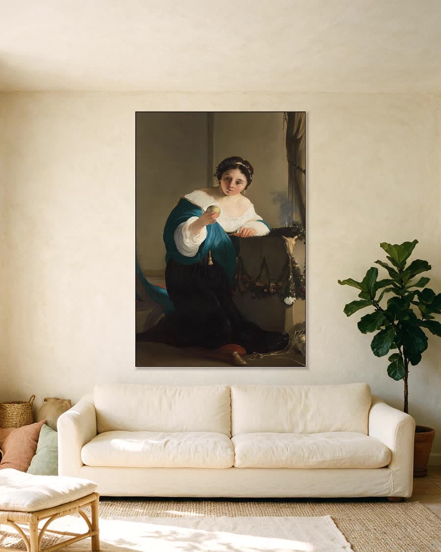 Cydippe met de appel van Acontius in een aluminium frame aan dezelfde muur
