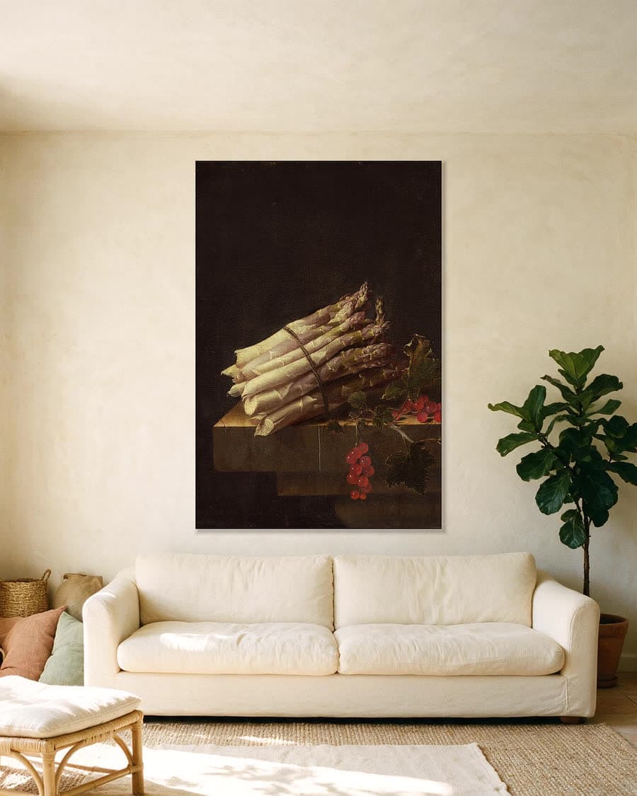 Bundel asperges in een aluminium frame aan dezelfde muur