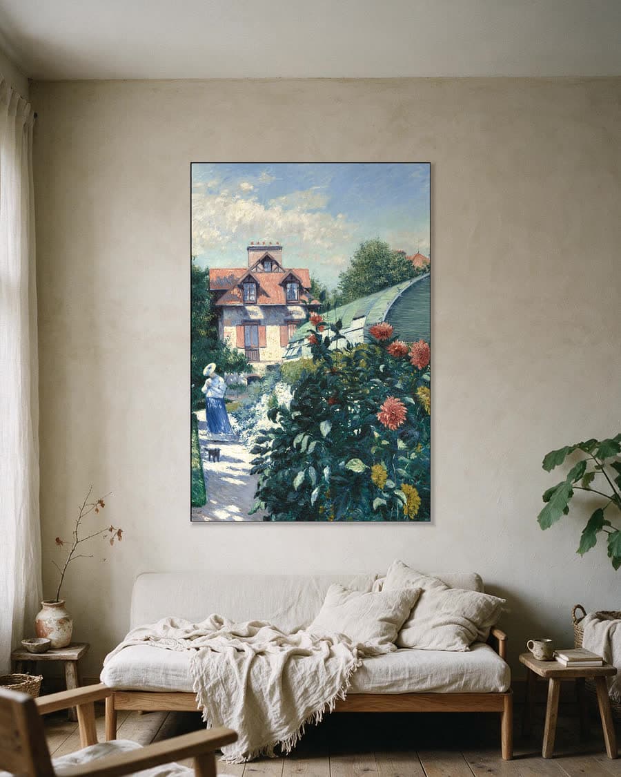 Dahlia's, tuin in Petit Gennevilliers in een aluminium frame aan dezelfde muur