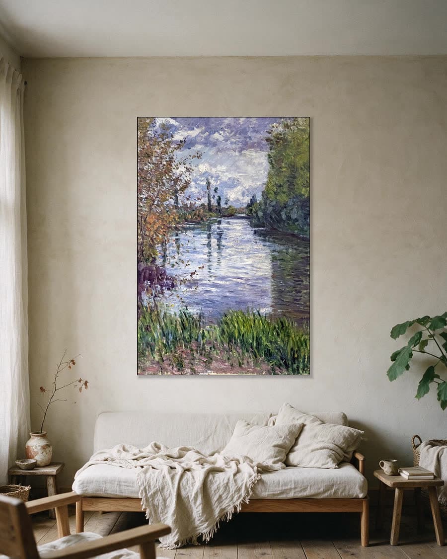 De kleine arm van de Seine in de herfst in een aluminium frame aan dezelfde muur