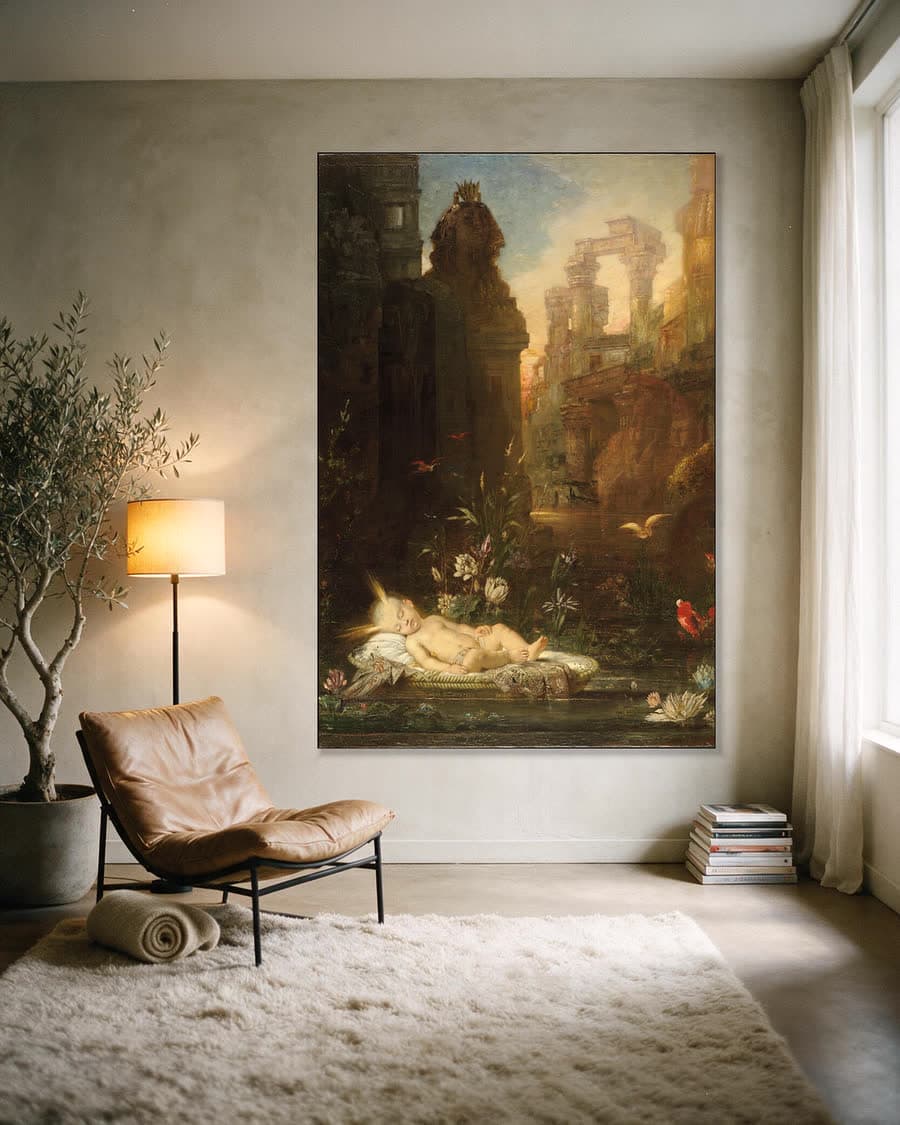 De kleine Mozes in een aluminium frame aan dezelfde muur
