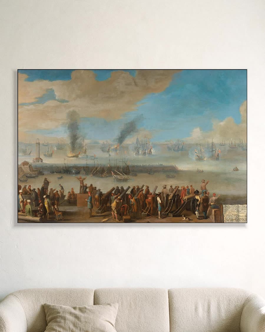 De zeeslag bij Livorno, 14 maart 1653 in een aluminium frame aan dezelfde muur