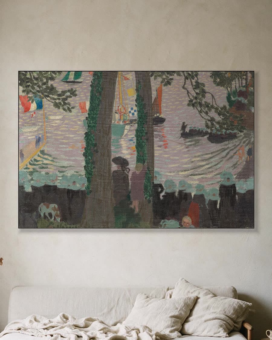 Zegening van een jacht op de rivier de Belon in een aluminium frame aan dezelfde muur