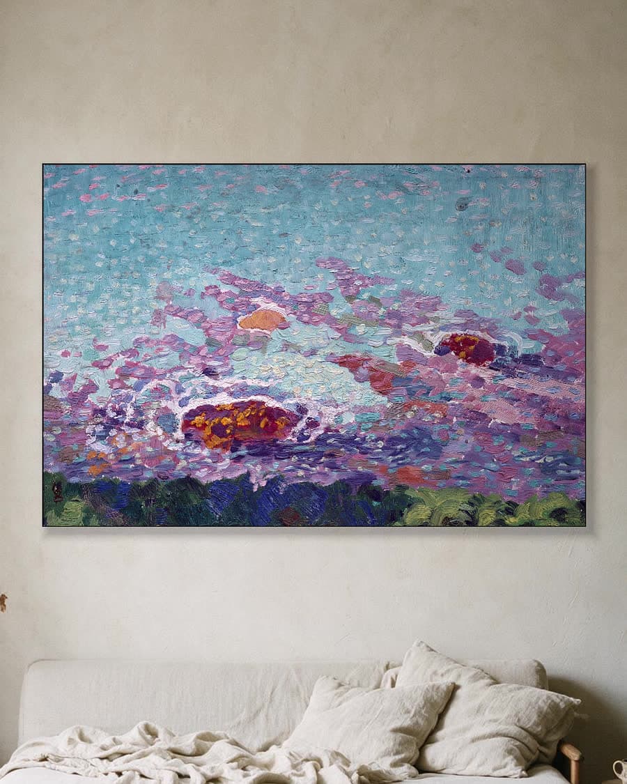 Kleurrijke zonsondergang in een aluminium frame aan dezelfde muur