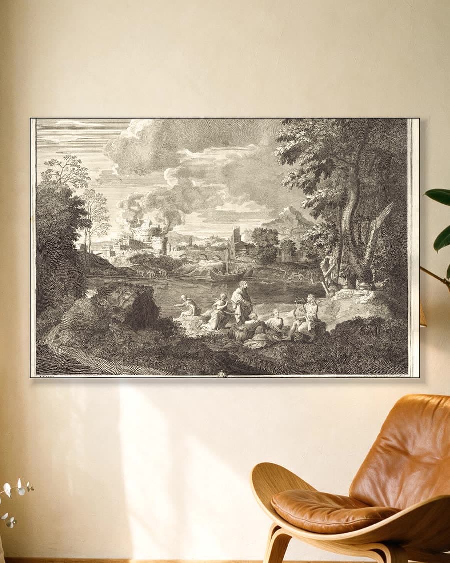 Landschap met Orpheus en Eurydice in een aluminium frame aan dezelfde muur